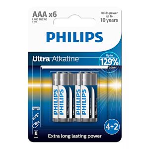 PHILIPS Ultra αλκαλικές μπαταρίες LR03E6BP/10, AAA LR03 1.5V, 6τμχ