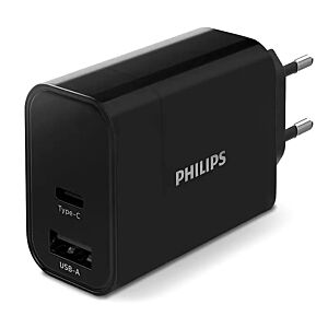 PHILIPS φορτιστής τοίχου DLP2621-12, USB & Type-C, 30W, μαύρος